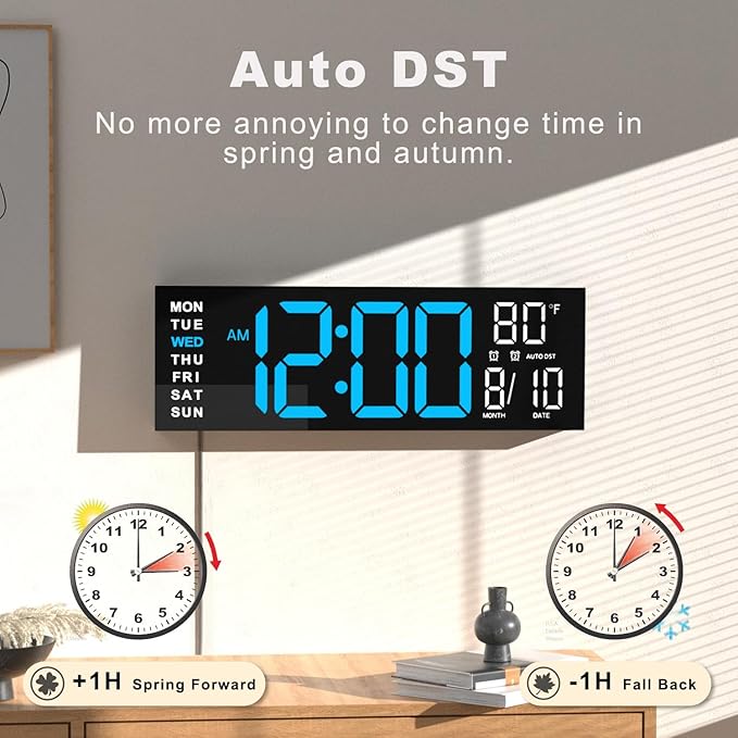 JALL 16" Large Digital Wall Mount Clock, Count Down Timer, Alarm, Big LED, RGB Color, DST, Temperature for Living Room Classroom Desk, Xmas, Birthday Gift for Senior Mom Dad (Blue White, 16 inches)