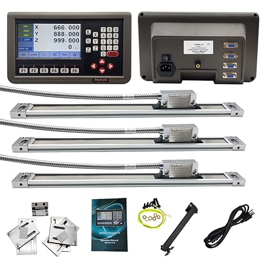 Baykunl 3 Axis Digital Readout DRO Display KIT 16" x 32" x 18" Travel Length High Accuracy IP67 5um 420mm+820mm+470mm Travel Magnetic Scale for Mill Milling Machine Tool RPM Function Included