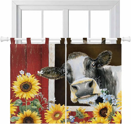 Cows Sunflowers Kitchen Curtains 45 Inch Length, Short Cafe Window Curtains Tab by Unknown