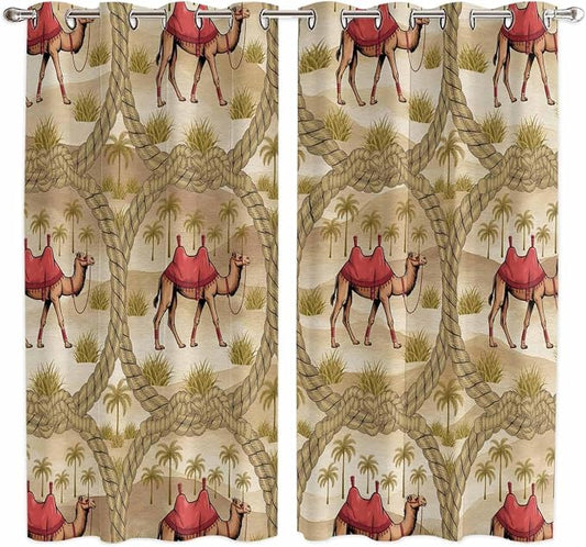 2 Panel Kitchen Cafe Curtains, Desert Camels Sunlight Filtering Nature Air by Hokiten
