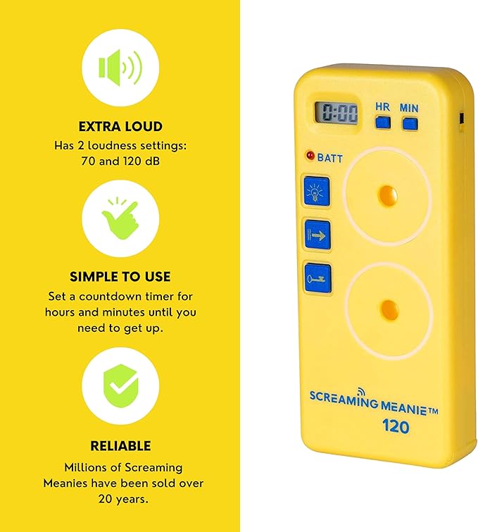 Screaming Meanie TZ-120 Extremely Loud Alarm Timer, Multi-Purpose Timer with 2 Sound Levels Perfect for Heavy Sleepers, Truckers, or Travelers (9v Battery Included) - Yellow