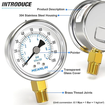 MEANLIN MEASURE 0~100Psi Dry Pressure Gauge Stainless Steel 1/4" NPT 2" FACE - Image 4