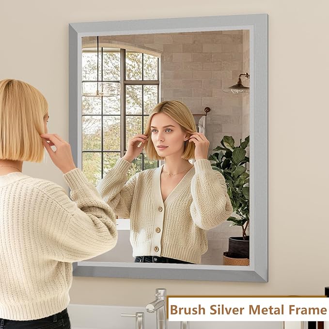 SMIROR Brushed Silver Bathroom Mirror for Over Sink, 24”x 36” Metal Thick Framed Rectangle Vanity Mirror for Wall, Right Angle Corner, Anti-Rust, Horizontally or Vertically Mounted