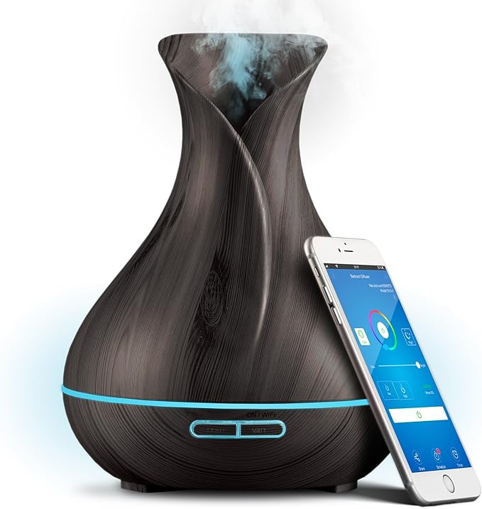 Sierra Modern Home Smart WiFi Wireless Essential Oil Aromatherapy 400ml Ultrasonic Diffuser & Humidifier with Alexa & Google Home Phone App & Voice Control - LED & Timer Settings Dark Brown