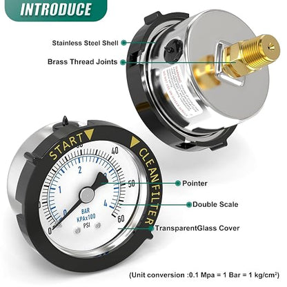 0-60PSI Stainless Steel Pool Filter Pressure Gauge, 1/4" NPT Back Mount - Image 4