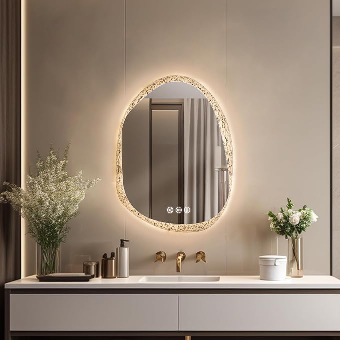 LUVODI Lighted LED Bathroom Mirror: 28”x20”Irregular Stone Pattern Frosted Wall - Image 9