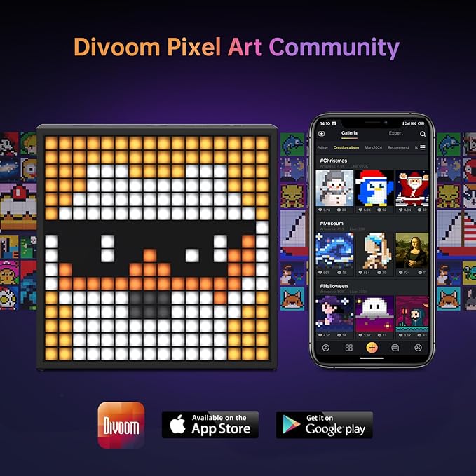 Divoom TimeBox Evo -- Pixel Art Bluetooth Speaker with 16x16 LED Display APP Control - Cool Animation Frame & Gaming Room Setup & Bedside Alarm Clock- Black