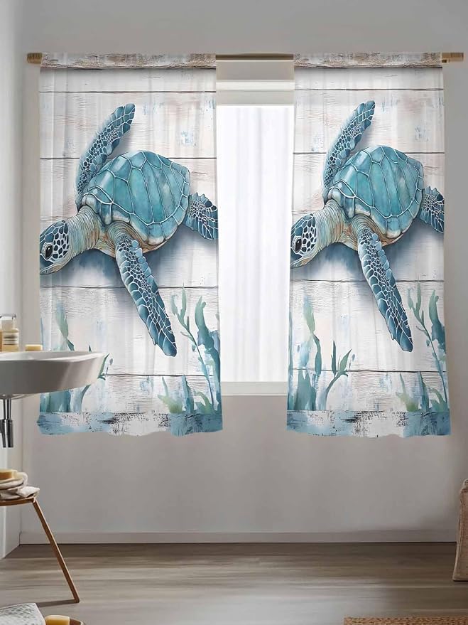Sheer Curtains 63 Inch Length, Teal Green Sea Turtle Semi Sheer Curtains Light - Image 5