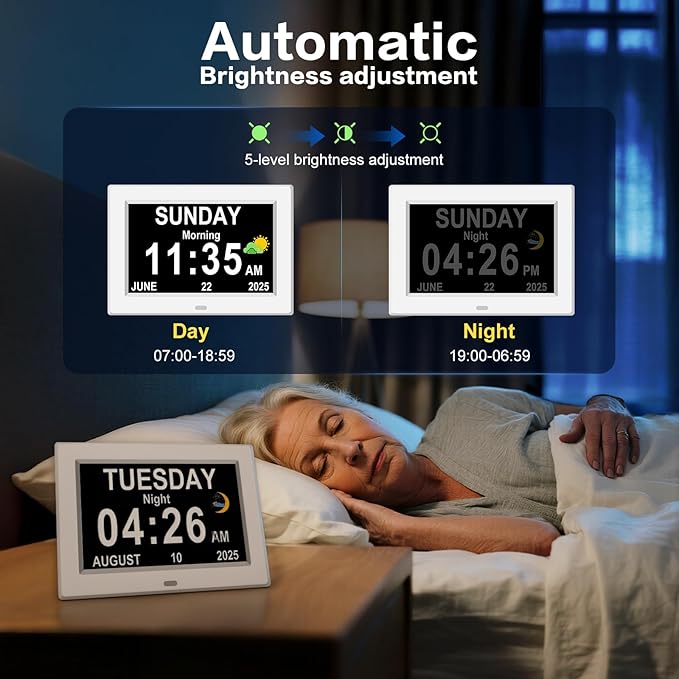 8‘’ Digital Calendar Day Clock, Gifts for People with Dementia Alzheimers, Large Display Alarms Clock for Seniors Electric Clocks with Date Day of Week 12 Alarms 4 Colors Auto DST/Dimmer