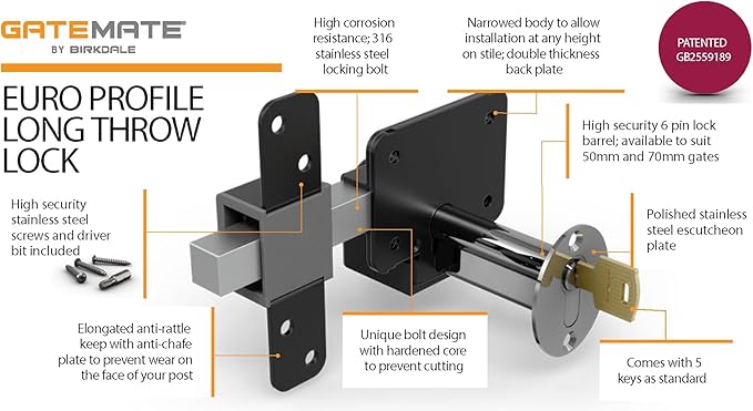 GateMate Long Throw Gate Lock 1490096, Euro Profile Keyed Both Sides Gate Lock for Sheds, Gates & Garage Doors, 316 Stainless Steel, for Wooden Gates & Doors Up to 2 ¾” Thick (70mm), Black, 5 Keys