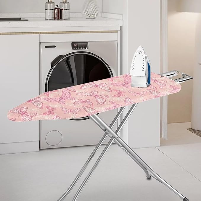 ZCFYGDX Breathable Ironing Board Cover Decor, Resist Scorching & Staining, 17x49 Wear & Soil Resistant Covers, Elastic Edges,3 Fasteners,Anti-Scorch Polyester Butterfly Pattern Pink Print