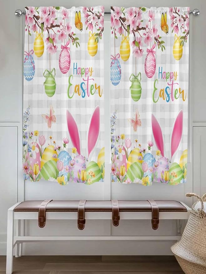 Happy Easter Bedroom Curtains 63 Inches length, Spring Watercolor Bunny Eggs - Image 4