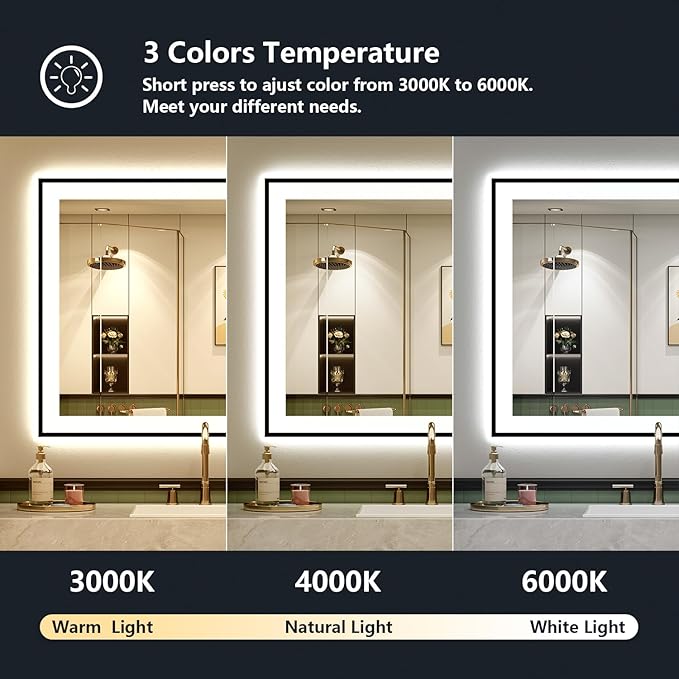 YEELAIT 24x36 Inch LED Bathroom Mirror with Lights (Front Lit and Backlit) Black Framed Lighted Vanity Mirror for Bathroom Wall Dimmable Anti-Fog Memory Tempered Glass Horizontal/Vertical