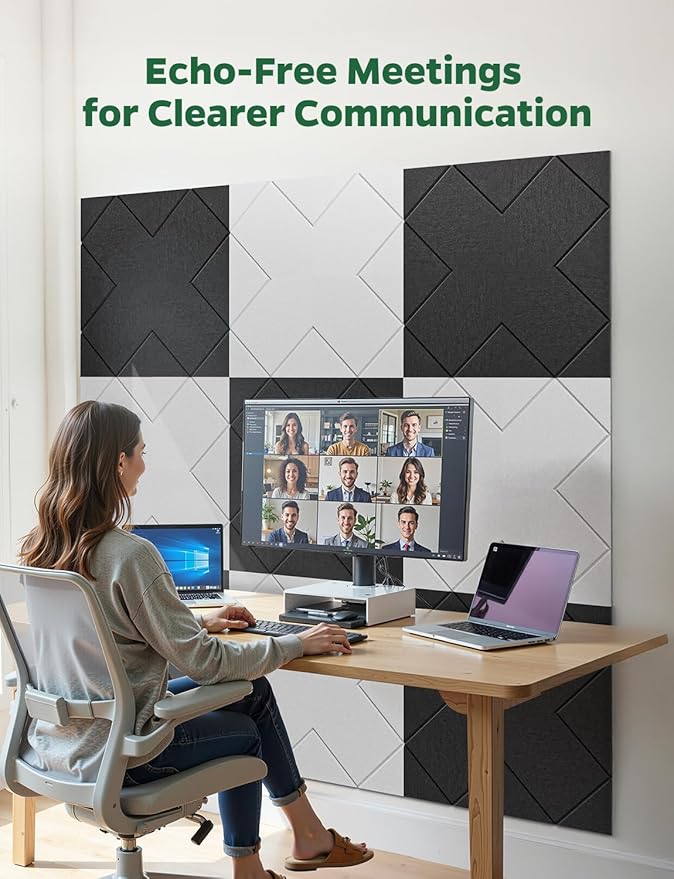 Topnaca Decorative Acoustic Soundproof Walls Panels for Room, 12 Pack Blcak Self Adhesive Sound Absorbing and Noise Reducing Tiles for Studio, Bedroom, Home Office, Ceiling, Pared, 12"x12"x0.4"