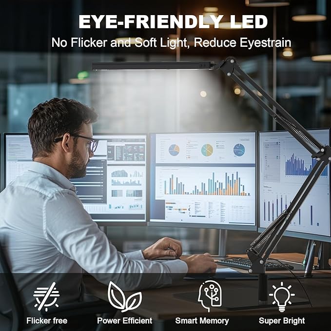 TROPICALTREE LED Desk Lamp for Home Office and Round Base, Clamp-On with 5 Light Modes & Auto Shut Off | 14W Adjustable Brightness 5000K Eye-Caring Lighting for Study/Bedroom/Computer Desk