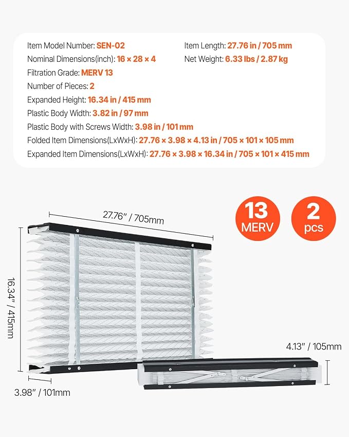 VEVOR 16x28x4 Furnace Air Filter, MERV 13 Pleated HVAC AC Replacement, - Image 7