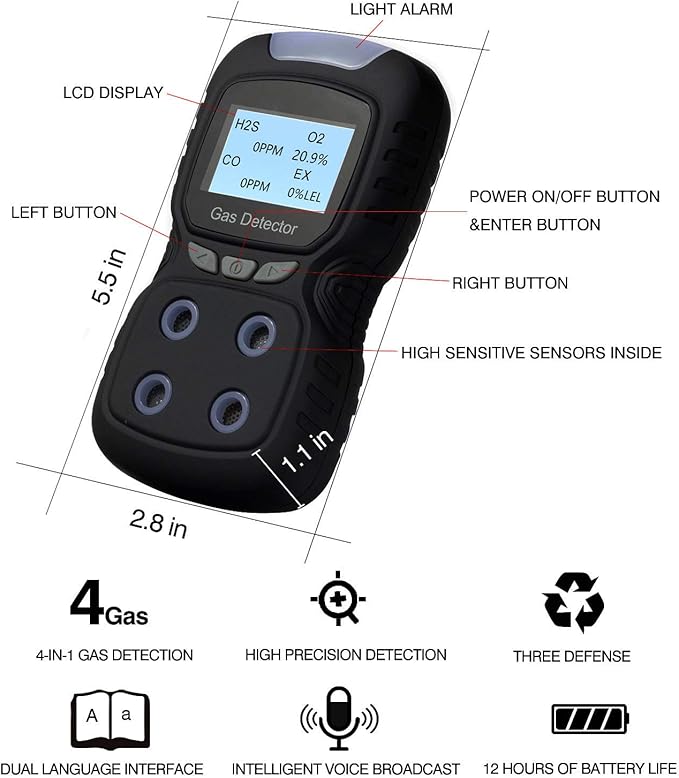 Vzmcov 4 in 1 Gas Detector, Rechargeable Portable 4 in 1 Gas Clip 4-Gas Monitor Meter Tester Analyzer Sound Light Shock