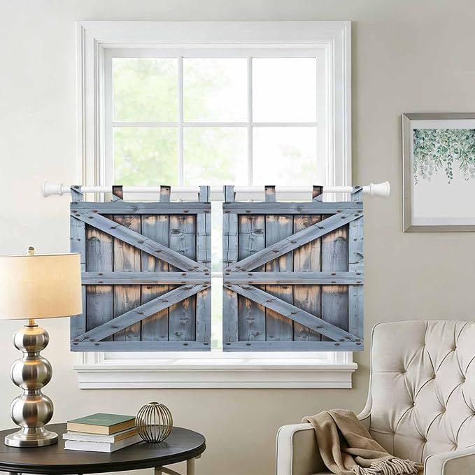 Farmhouse Wood Grain Kitchen Curtains 36 Inch Length, Small Window Curtains Tab - Image 2