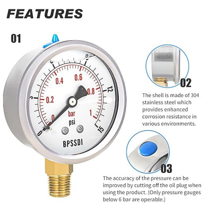 0-15 Psi Glycerin Liquid Filled Low Pressure Gauge, 2.5" Dial Size, 1/4" NPT - Image 4
