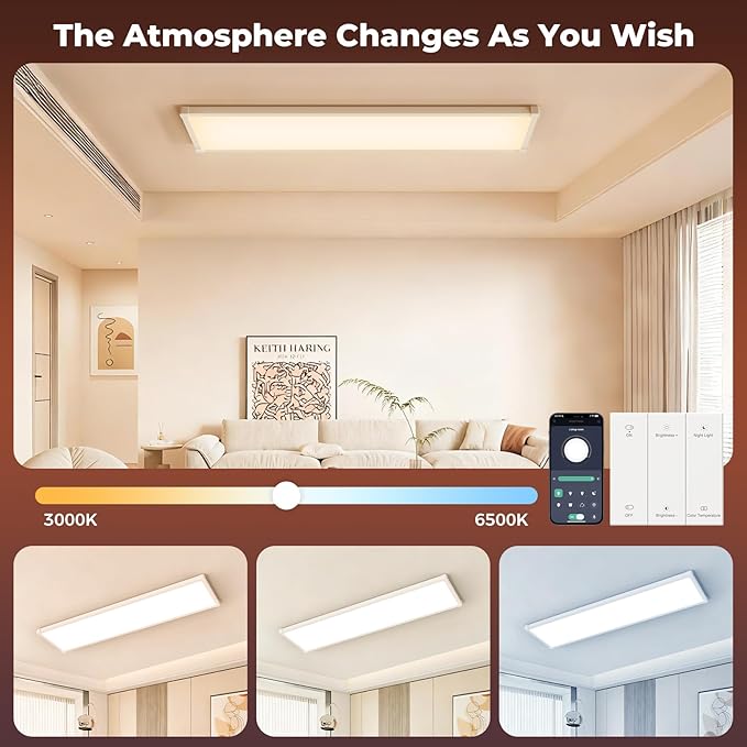 AIKVSXER 2 Pack 1x4 FT LED Flat Panel Light Surface Mount, with Wireless Switch & App Control, Night Mode, 50W 5500LM, 3000K/4000K/6500K, Ultra-Thin LED Light for Office Home,120-277V - White