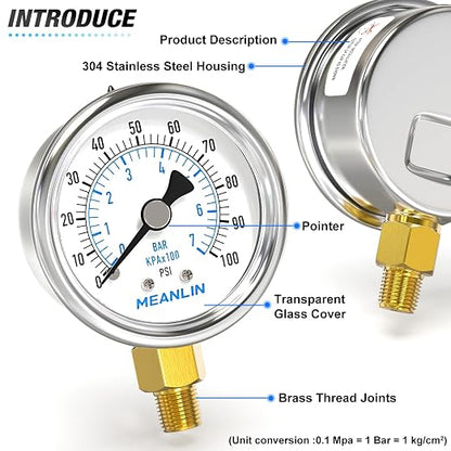 MEANLIN MEASURE 0~100Psi Dry Pressure Gauge Stainless Steel 1/8" NPT 2" FACE - Image 4