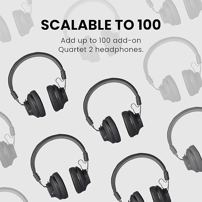 Avantree Quartet 2 - Wireless Group Listening Headphones & Transmitter for TV, Church, Classroom, Silent Discos, Plug & Play, 2.4GHz Expandable Multi-Headphone System with Low Latency & Clear Voice