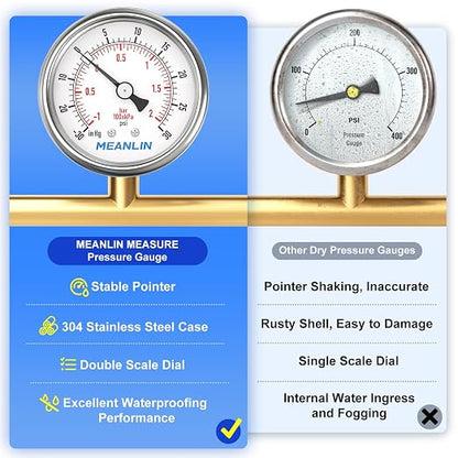 MEANLIN MEASURE -30inHG~30Psi Vacuum Gauge Stainless Steel 1/4" NPT 2" FACE - Image 5