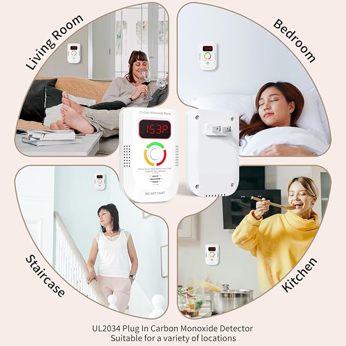 3 Pack Carbon Monoxide Detector, Plug-in Wall Carbon Monoxide Alarm, Portable Carbon Monoxide Detector with Digital Display LED, CO Alarm Monitor with Audible and Visual Alarm Test Mute Button