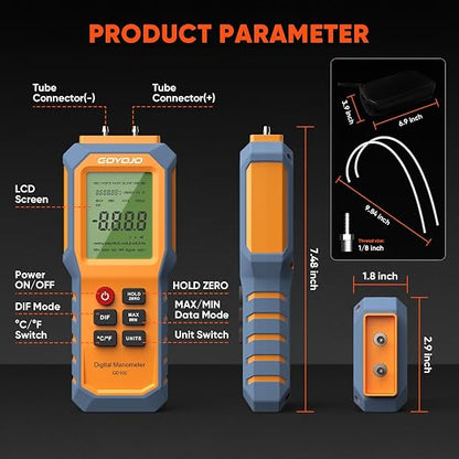 Handheld Manometer with Backlit, Dual-Port HVAC Digital Manometer Gas Pressure - Image 3