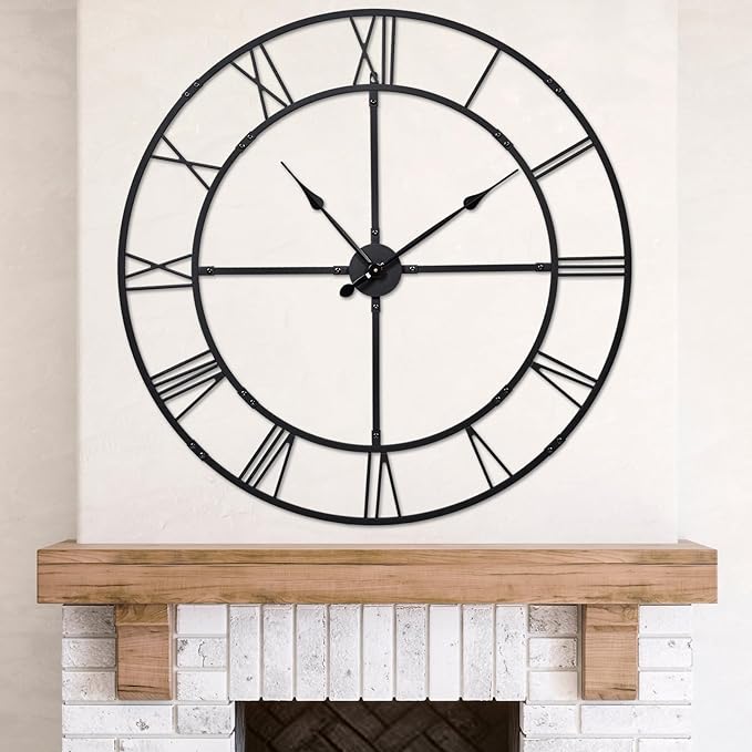 Ohweog Extra Large 40 Inch Wall Clock for Living Room Decor – Silent Non-Ticking Modern Farmhouse Wall Clock, Oversized Decorative Metal Roman Numeral Clock, Black