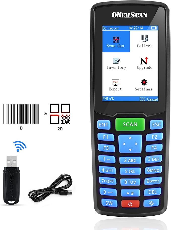 ONEWSCAN Wireless Barcode Scanner, Portable Inventory Scanner 1D&2D&PDF417 Handheld Bar Code Scanners for Collector Data Terminal Inventory Device QR Code Reader with 2.8 Inch LCD Screen