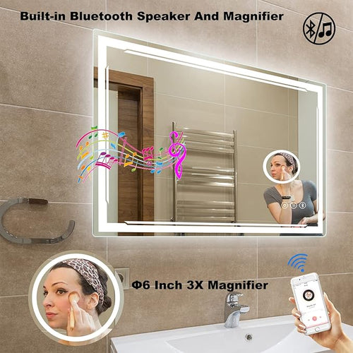 30''X48'' LED Bathroom Mirror with Lights, Built-in Bluetooth Speaker and 3X Magnifier, Anti-Fog Dimmable Backlit + Front Lit, Lighted Vanity Makeup Wall Mirrors, Shatter-Proof IP65 Waterproof