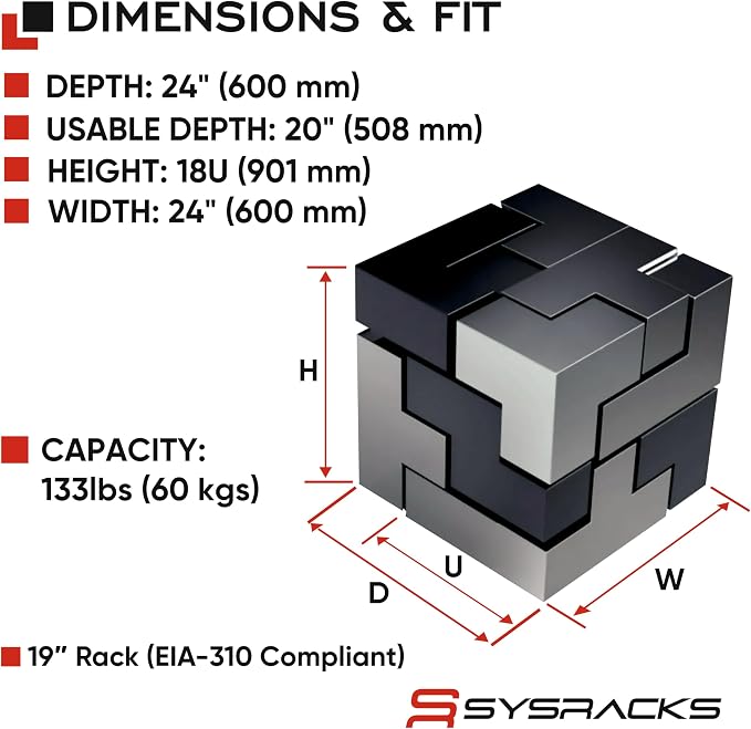 Sysracks 18U Wall Mount Server Rack Cabinet, 19” Locking Network Rack, 24” Deep - Image 3