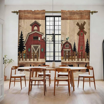 Brown Farmhouse Kitchen Curtains, Vintage Country Animals Wooden Grain Light - Image 2