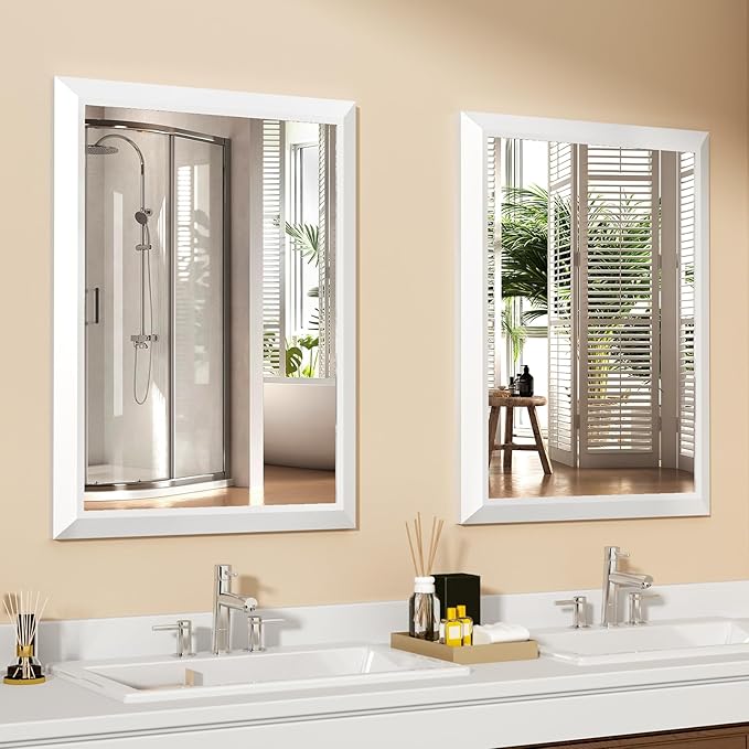 SMIROR Matte White Bathroom Mirror for Over Sink, 24”x 36” Metal Thick Framed Rectangle Vanity Mirror for Wall, Right Angle Corner, Anti-Rust, Horizontally or Vertically Mounted