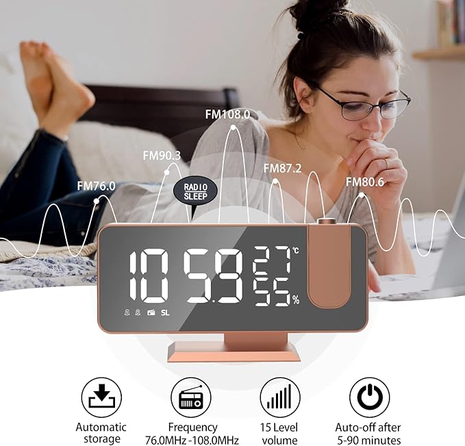 Mightree Projection Alarm Clock for Bedroom, Digital Alarm Clock with USB Charger, 7.4" Large LED Mirror Display Radio Alarm Clock, Dual Smart Alarm with Projection on Ceiling, Rose Gold