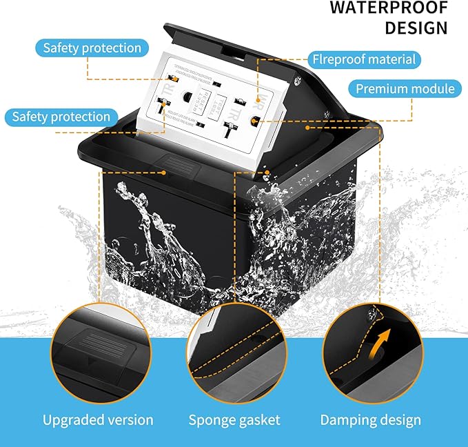 Vagueior Recessed Floor Electrical Outlet Kit,Waterproof Electrical Outlet Covcer Box,Hidden GFCI Outlet+20A Tamper-Resistant Receptacle Outlet with Slow Elastic Damping，ETL Certified，Black(1 Pack)