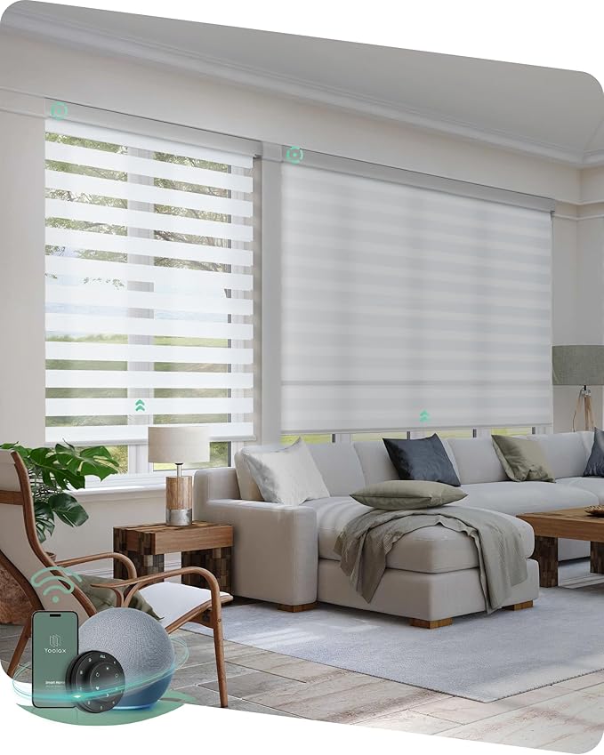 Yoolax Motorized Blinds with Remote, Electric Zebra Blinds for Indoor Windows, Room Darkening Smart Shades with Voice Control, Compatible with Alexa Google Home, APP Control, 59" W x 72" H, White