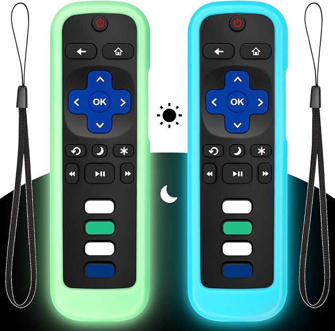 (2PC) Cover-Case-for-Roku-Remote, Glow-in-The-Dark Silicone Protective Sleeve Skin for Roku TV/Stick/Player Remote (Green/Blue)