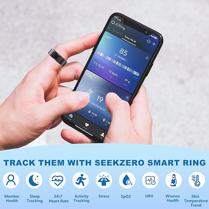 SEEKZERO Smart Ring for Women Men, Titanium Fitness Ring with Heart Rate, Stress & Sleep Monitoring,Step & Calorie Counter, 5ATM Waterproof for iPhone and Android,No Subscription Fee (Black, 7)
