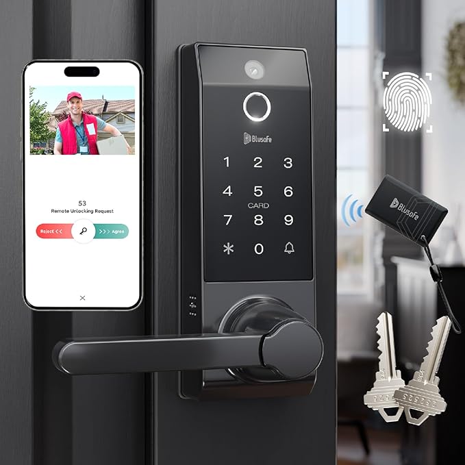 Smart Lock Ring Doorbell Fingerprint Deadbolt for Homeowners or Parents Door Lock with Camera and Door Handle for Renters, Keyless Entry Door Lock for Front Door (Contour V Blacks+)