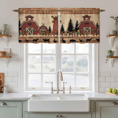 Brown Farmhouse Tier Curtains, Vintage Country Animals Wooden Grain Light - Image 2