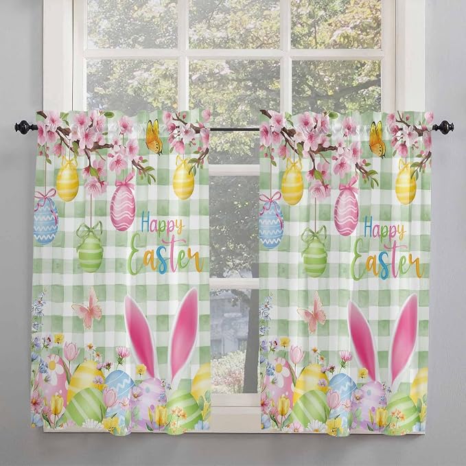 Happy Easter Kitchen Curtains 45 Inches length, Spring Bunny Eggs Flower Sage - Image 2