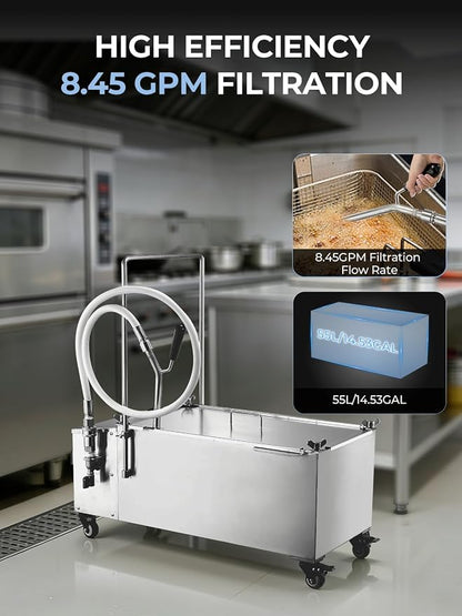 Mobile Fryer Oil Filter Machine, 55L/14.5GAL Fryer Filter Machine, Stainless - Image 7
