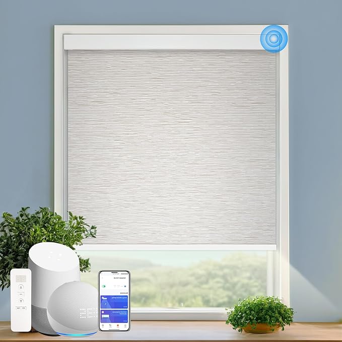 COOLWINDS Motorized Blinds with Remote Cordless Automatic Motorized Shades Custom Blinds for Windows Smart Curtains Compatible with Alexa Google Home(Light Filtering Jacquard Beige,W37 x H72in)