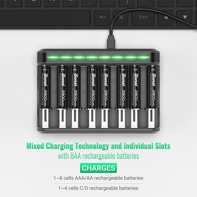 BONAI AA Rechargeable Batteries 2800mAh 8pack with Smart Charger for AA AAA C D NiMH Battery