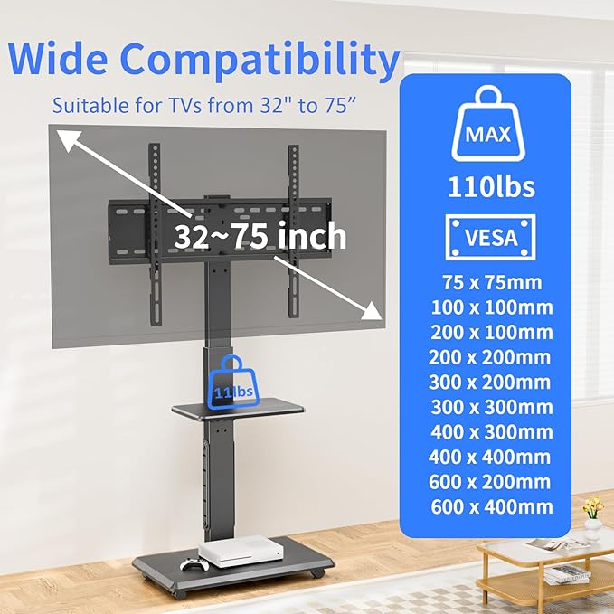 Rolling TV Stand with Power Outlet, Mobile TV Cart for 32-75 Inch TVs up to 110 lbs, 18 Adjustable Heights, Max VESA 600x400mm, TV Floor Stand with Swivel Mount/Shelf/Wheels, Fits for Bedroom, Outdoor