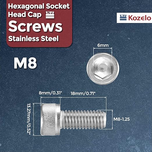 Kozelo 20pcs Socket Head Cap Screws - [M8-1.25 x 18mm] 304 Stainless Steel Allen Socket Drive for Electrical Motor 3D Printing Fan Engine Replacement Use, Silver