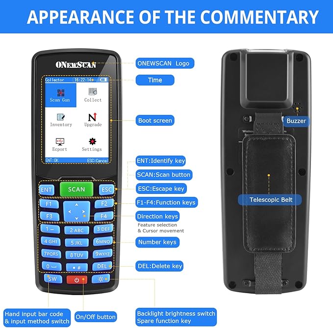 ONEWSCAN Wireless Barcode Scanner, Portable Inventory Scanner 1D&2D&PDF417 Handheld Bar Code Scanners for Collector Data Terminal Inventory Device QR Code Reader with 2.8 Inch LCD Screen