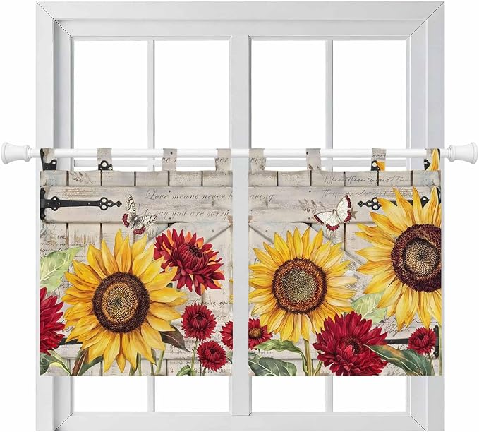 Red Yellow Sunflowers Kitchen Curtains 24 Inch Length, Small Window Curtains by Unknown